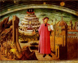 Domenico di Michelino Dante and His Poem (1465) fresco, in the dome of the church of Santa Maria del Fiore in Florence (Florence's cathedral). Dante Alighieri is shown holding a copy of his epic poem The Divine Comedy. He is pointing to a procession of sinners being lead down to the circles of Hell on the left. Behind him are the seven terraces of Purgatory, with Adam and Eve representing Earthly Paradise on top. Above them, the sun and the moon represent Heavenly Paradise, whilst on the right is Dante's home city of Florence. The illustration of Florence is self referencial, depicting the recently completed and much celebrated cathedral dome inside which the fresco is painted.