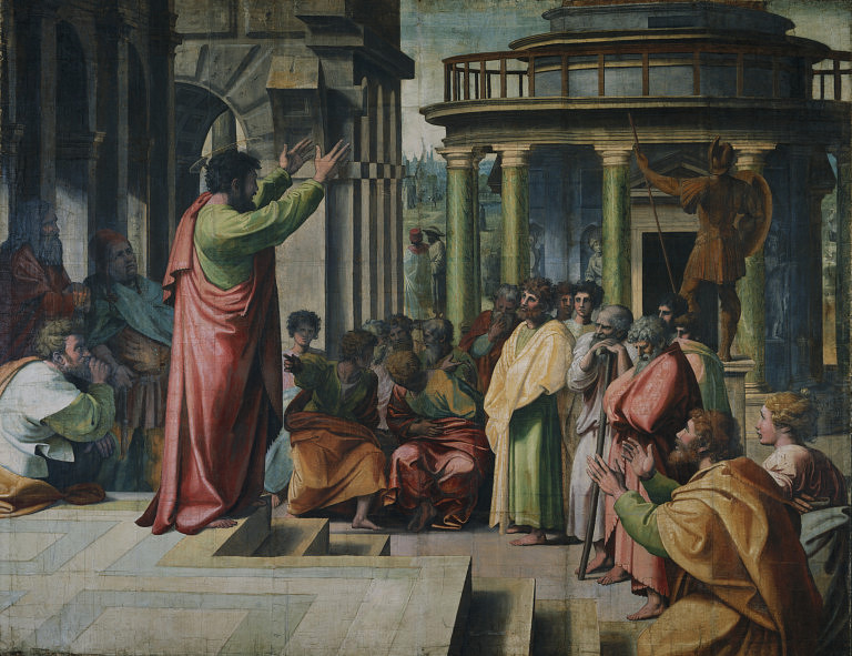 Histoisk har de fleste religionskritikere selv vært religiøse. Paulus kritiserer gresk religion på Areopagos i Athen. Av Rafael år 1515 e.Kr. Kilde: Wikimedia Commons.